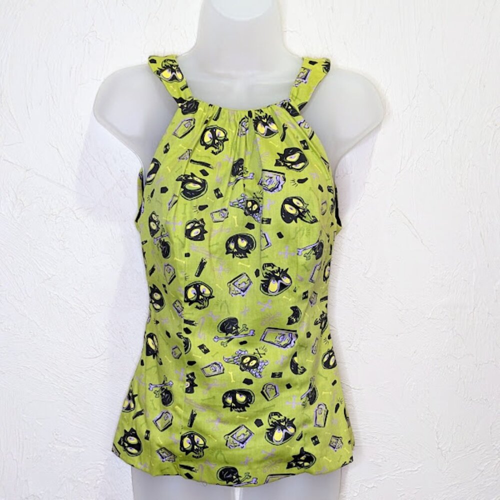 Pinup Girl Clothing Monster Skull Harley Top SZ S Green Rockabilly Halter Shirt